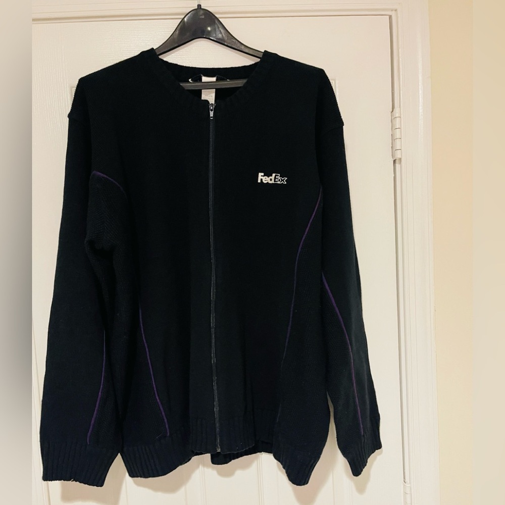 Men’s FedEx Stan Herman Full Zip Black/Purple Sweater Workwear Jacket Size XL